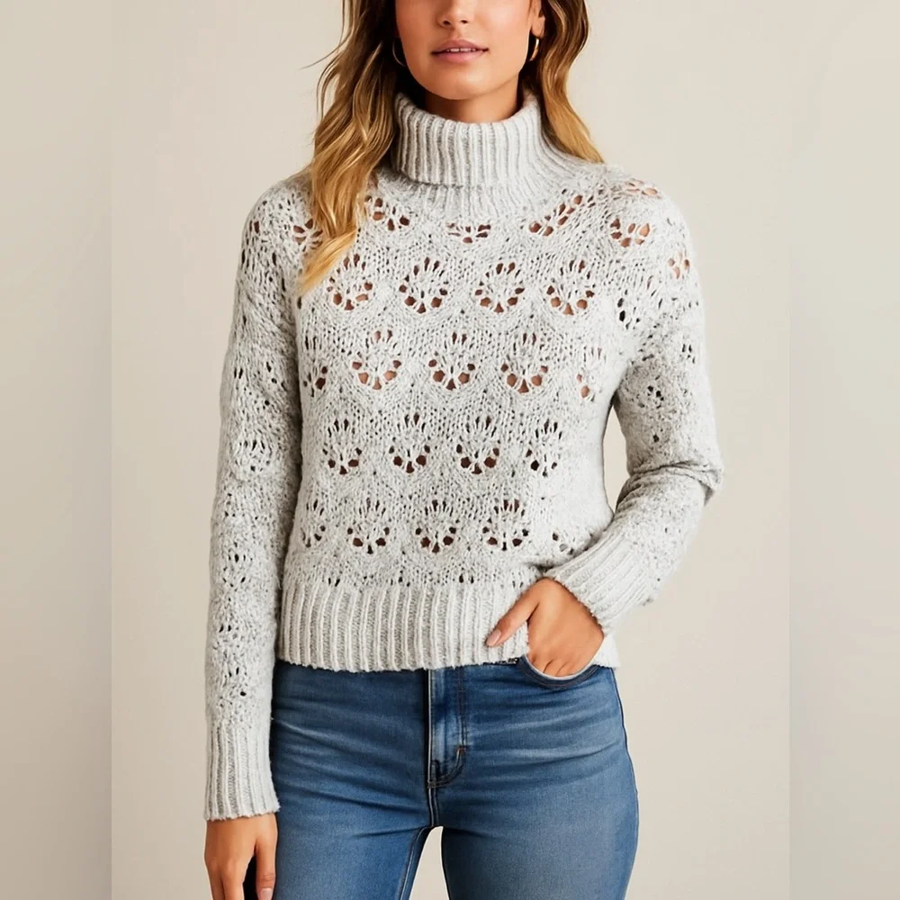 American Eagle Gray Crochet Mock Neck Open Knit Sweater Size S